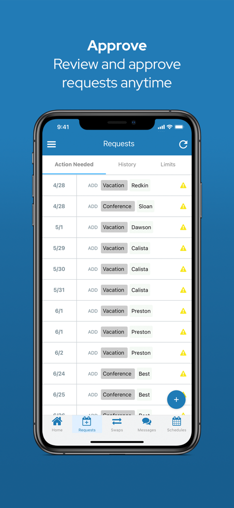 Interface of the QGenda app's Requests screen showing vacation and conference approval tasks for healthcare staff.