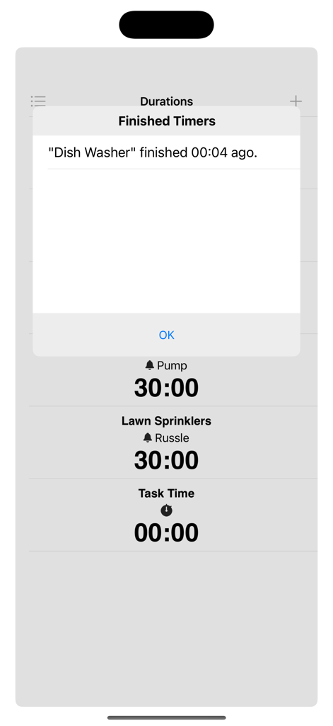 다른 활성 타이머와 함께 완료된 식기세척기 작업을 보여주는 Durations 앱의 완료된 타이머 알림