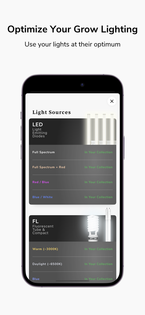 Écran de l'application Photone montrant la sélection des sources lumineuses LED et fluorescentes pour la culture
