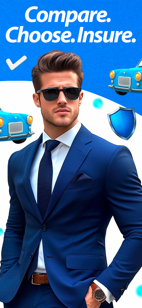 Professional man in a blue suit with text Compare Choose Insure for car insurance services