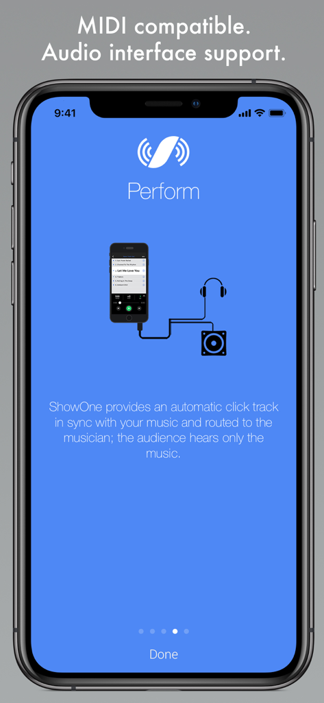 ShowOne - Pro Backing Tracks - ShowOne app screen explaining MIDI compatibility and automatic click track routing for live performance