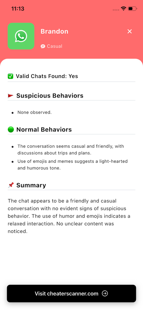 Cheater Scanner - AI-powered relationship analysis report showing normal chat behavior and no suspicious activity