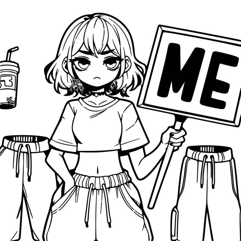 teen angry girl manga wearing crop top and  sweatpants and holding a sign that says me ￼