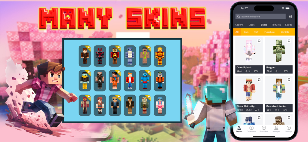 Oberfläche der Addons und Mods für Minecraft PE App, die verschiedene Charakter-Skins wie Strohhut-Luffy und Bogged zeigt.