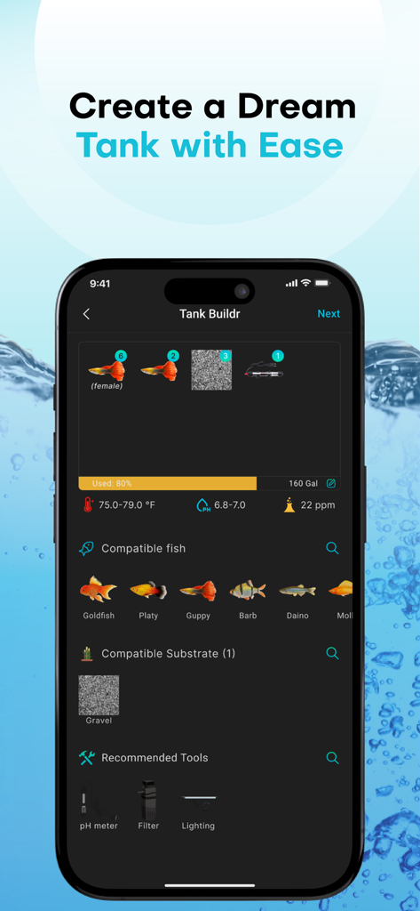 Aquabuildr - Aquabuildr mobile app screen showing fish tank building tool with compatibility guide and equipment recommendations