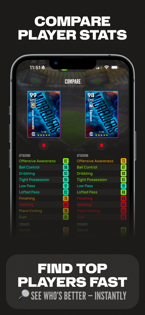 A side by side comparison of two soccer player cards with detailed stats in the eFootBase app