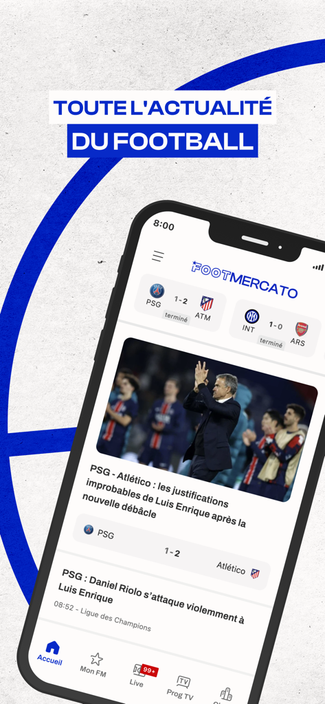 Foot Mercato : Transferts - Interfaz de la aplicación Foot Mercato mostrando noticias de fútbol y resultados en vivo