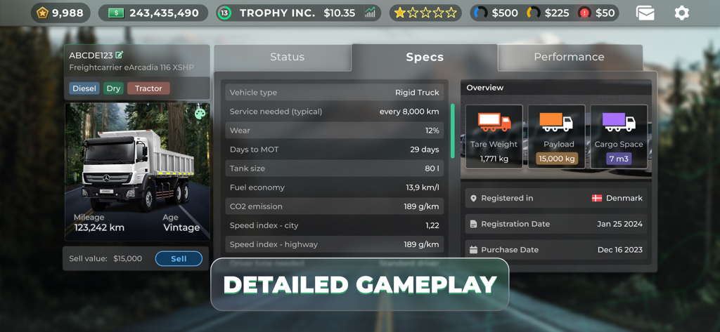 Una vista detallada de las especificaciones técnicas de un camión rígido y la interfaz de gestión de flotas en el juego Truck Manager 2026.