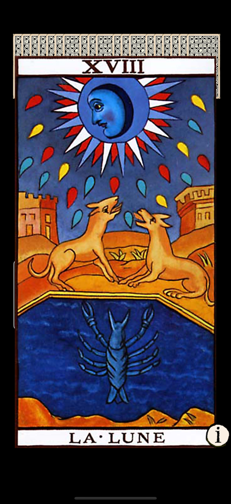 The La Lune tarot card from the CBD de Marseilles deck in the Mystic Tarot Plus app