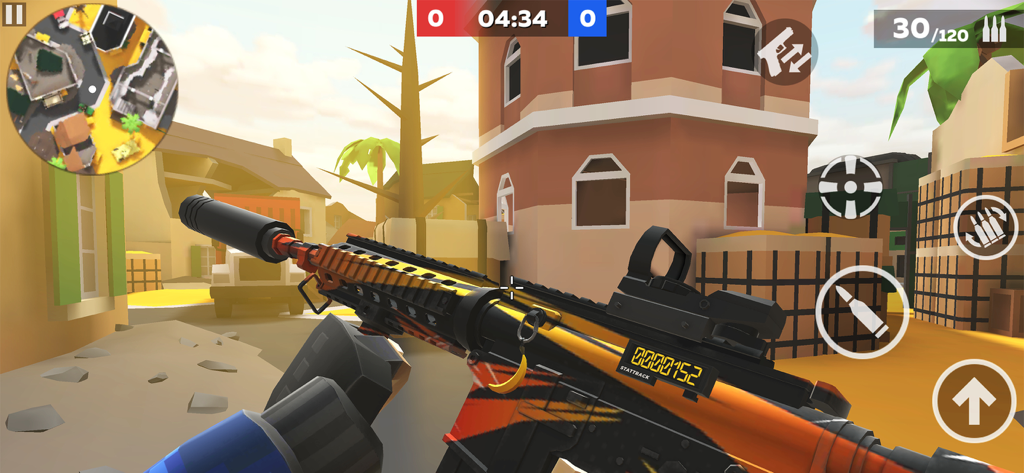 POLYWAR: 3D FPS online shooter - First person view of a player holding a customized orange and black assault rifle in the low-poly FPS game POLYWAR