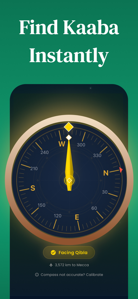 Digitale Qibla-Kompass-Oberfläche, die die Richtung nach Mekka anzeigt