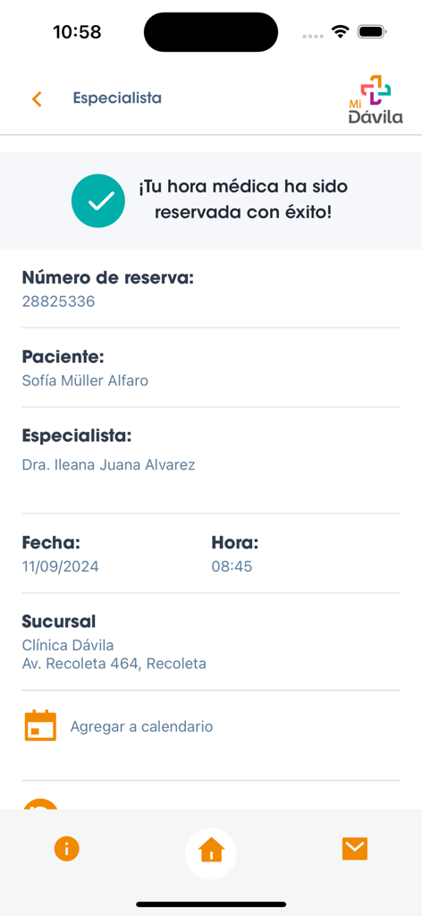 Mi Dávila - Écran de confirmation de rendez-vous médical Mi Davila