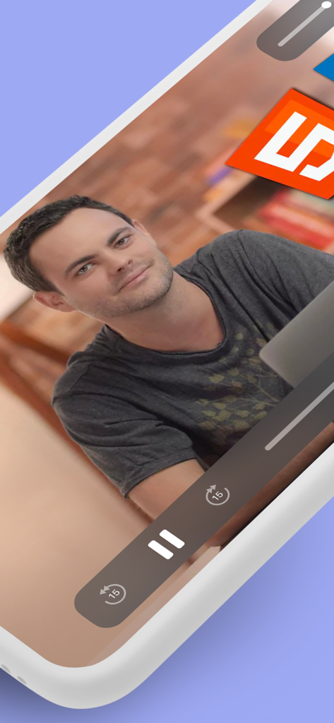 OpenClassrooms: Online courses - Mobile app screen showing a video lesson with an instructor and playback controls