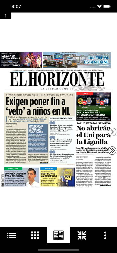 Primera plana del periódico El Horizonte, réplica digital en una aplicación móvil.