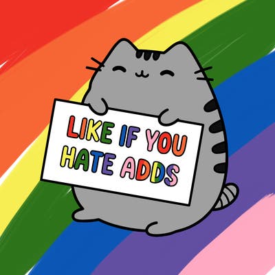 a kawii pusheen cat holding a sign that says like if you hate adds