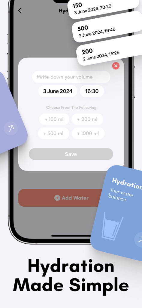 Pantalla de seguimiento de ingesta de agua en la aplicación Mi Rastreador de Alimentos para la Diabetes