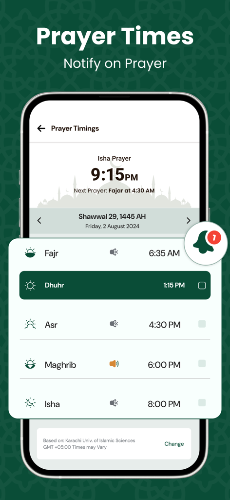 Al Quran Majeed القرآن الكريم - Interface of the Al Quran Majeed app showing daily Islamic prayer timings and notifications