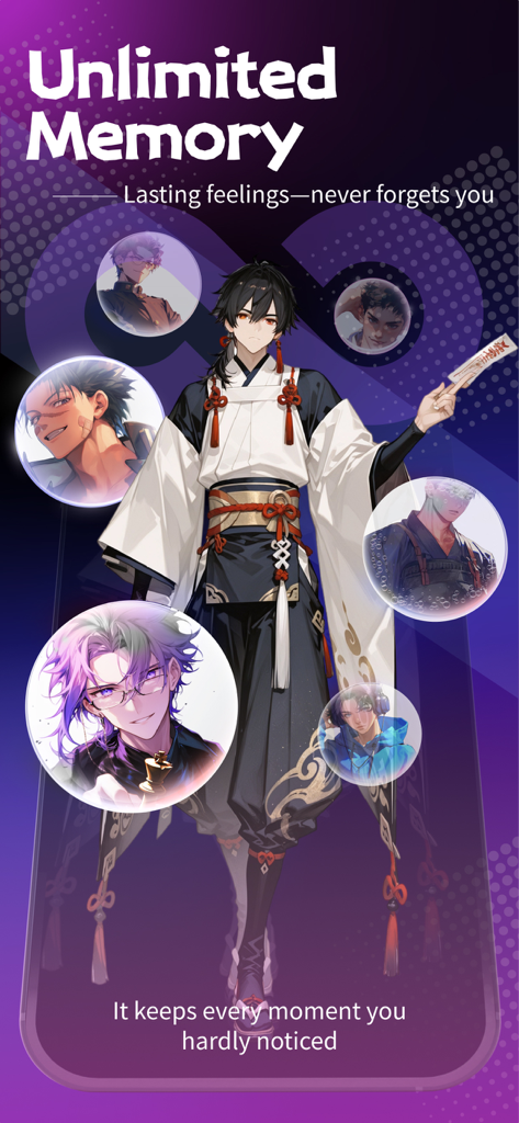 Capture d'écran promotionnelle de l'application Rubii mettant en avant la fonctionnalité de mémoire illimitée avec diverses illustrations de personnages IA de style anime.