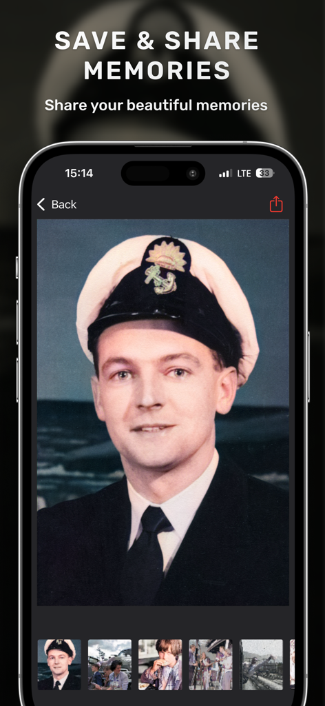 Photo Scan & Colorize - Raven - Raven app interface showing a colorized vintage portrait with options to save and share memories