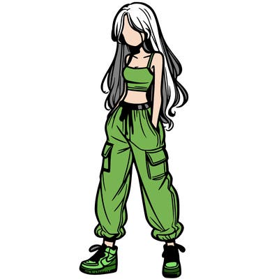 girl in baggy pants crop top and long hair