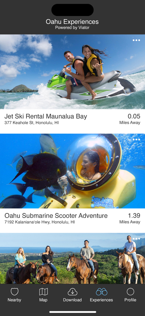 Oahu Offline Island Guide - Oahu Offline Island Guide app screen showing bookable experiences including jet ski rentals, submarine scooter adventures, and horseback riding.