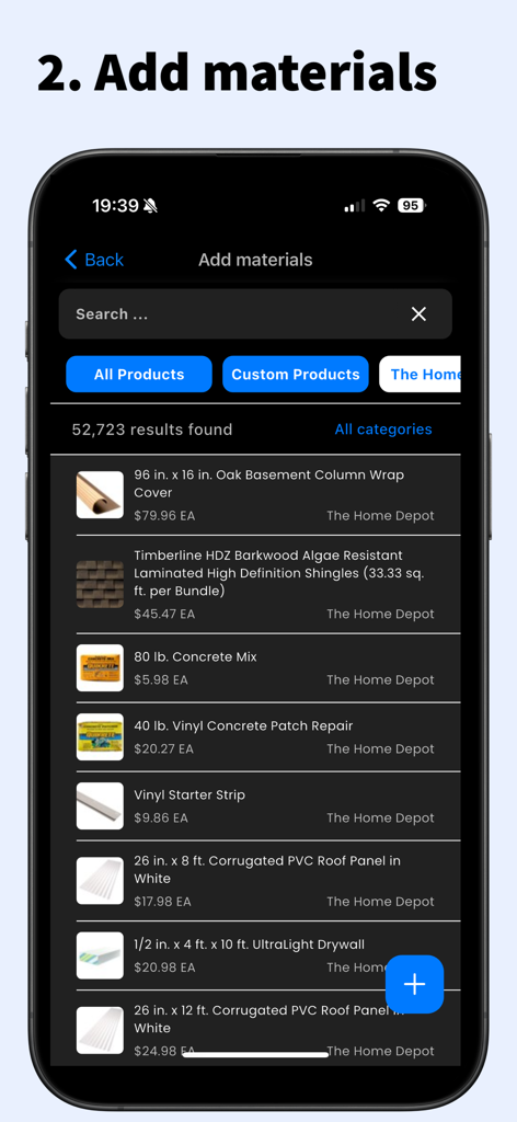 Home Depotからの価格付きの建設資材リストを表示するモバイルアプリ画面。