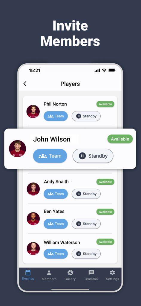Teamer - Sports Team App - Teamer Mobile App-Oberfläche mit einer Liste von Sportteamspielern mit Verfügbarkeitsstatus und Schaltflächen, um sie einem Team oder einer Ersatzbank zuzuweisen.