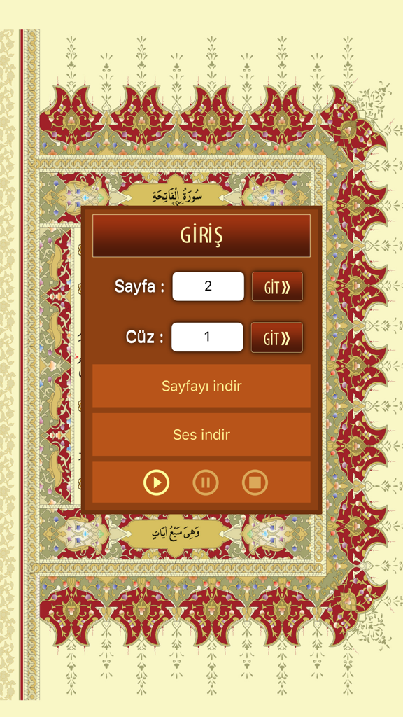 Kuran Oku - Kuran Oku app screen with page and juz selection menu over a traditional decorative background