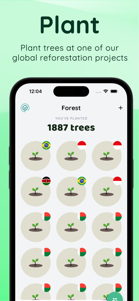 Treekly - Treekly mobile app interface showing a virtual forest with 1887 trees planted across global reforestation projects.