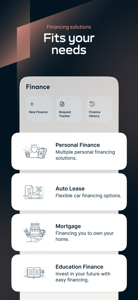 Alinma App - تطبيق الإنماء - Finance section of the Alinma App displaying options for personal finance, auto lease, mortgage, and education finance.
