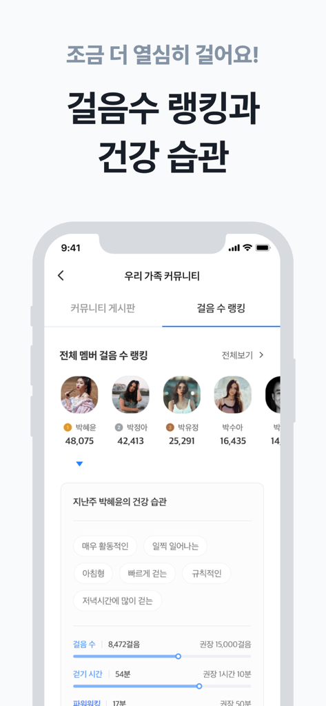 워크온(WalkOn) - Interfaz de la aplicación móvil WalkOn que muestra una tabla de clasificación de recuento de pasos de la comunidad familiar y estadísticas personalizadas de hábitos de salud.