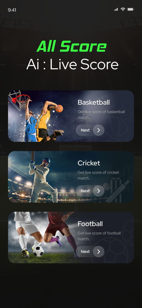 NBA Score, Football Live Score - AI Live Score app menu showing categories for basketball cricket and football