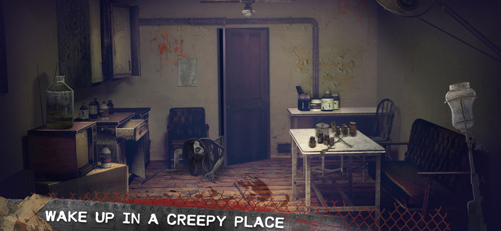 A creepy girl crawling on the floor of a dark abandoned hospital room