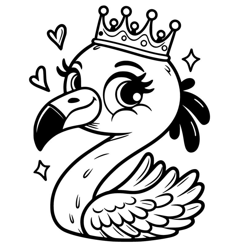 funny smiling flamingo with a crown around his neck
