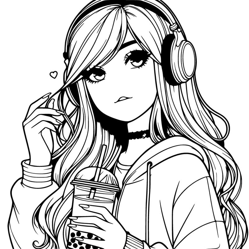 realistic teen girl with long hair and a nose wearing headphones drinking boba tea