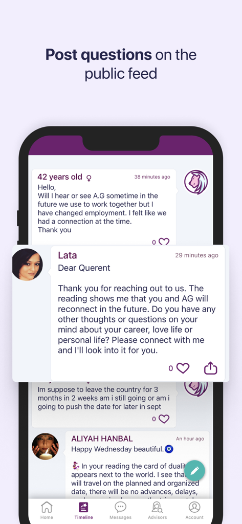 fortunica- Horoscope & Tarot - Una pantalla de teléfono inteligente que muestra el feed público de la aplicación fortunica donde los usuarios publican preguntas personales y reciben respuestas de asesores psíquicos
