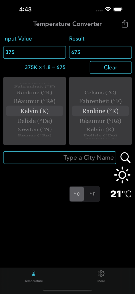 Digital Temperature Converter - Interfaccia dell'app Digital Temperature Converter che mostra la conversione da Kelvin a Rankine con la formula matematica