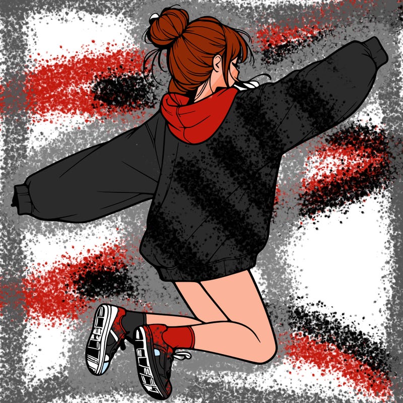 realistic girl jumping with a bun and oversized sweatshirt