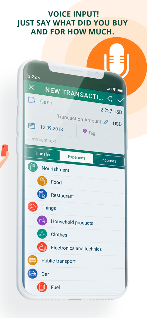 Paymaster app interface showcasing voice command feature for logging expenses with various category options