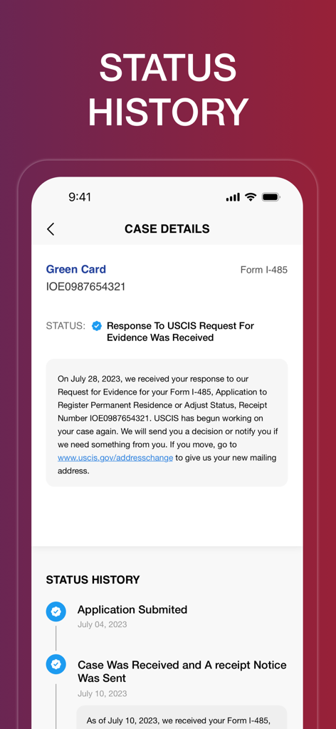 Interface do aplicativo móvel exibindo o histórico de status e linha do tempo para um aplicativo de Green Card USCIS