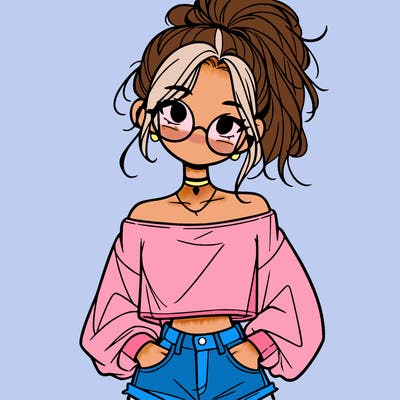 girl with a messy ponytail glasses a baggy crop top and jean shorts