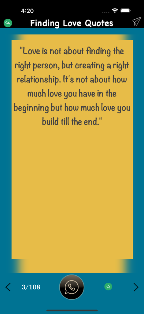 Motivational Quotes Love Quote - Uma captura de tela do aplicativo Encontrando Citações de Amor exibindo uma mensagem motivacional sobre relacionamentos em um cartão amarelo.