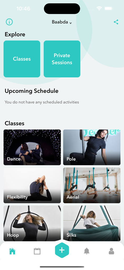 Feather app home screen displaying boutique fitness class categories including Pole, Aerial, and Silks