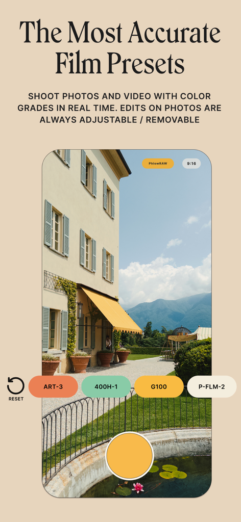 Phlow: Camera & Photo Editor - iPhone screen showing the Phlow camera app with real-time film presets applied to a scenic photo of a building and mountains