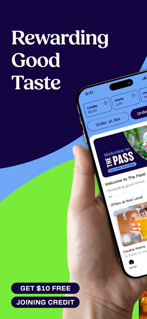 The Pass: 200+ Pubs & Bars - Smartphone affichant l'interface de l'application The Pass avec les points de fidélité et le crédit de bienvenue