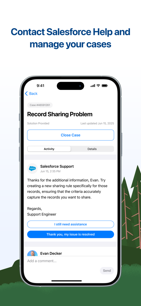 Trailhead GO - Smartphone screen showing the Salesforce Help interface and a support case conversation in the Trailhead GO app