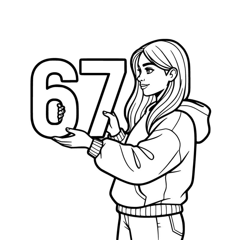 a gorgeous teen girl holding the numbers 67