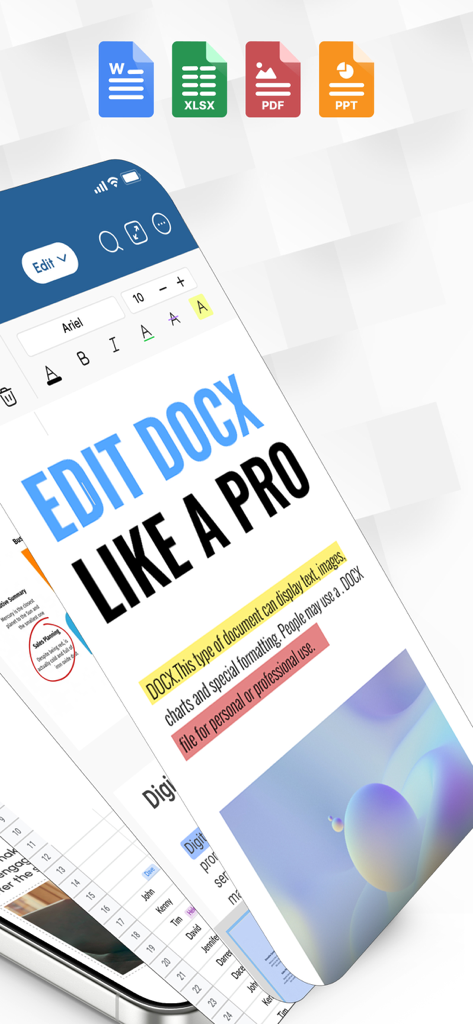 Office Suite-Word, Sheets, PPT - Word、Excel、PDF、PowerPointのアイコンが表示されたWordドキュメント編集インターフェースを表示するスマートフォン