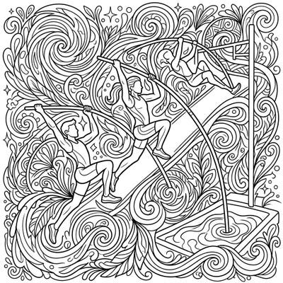Experience the exhilarating fusion of athleticism and abstract art with this unique pole vaulters coloring page. Dive into a world where dynamic sports action meets mesmerizing psychedelic patterns, offering a truly captivating coloring journey.