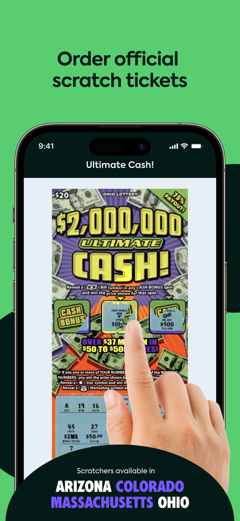 Jackpot Lottery App - A hand scratching a digital two million dollar Ultimate Cash lottery ticket on a smartphone screen.